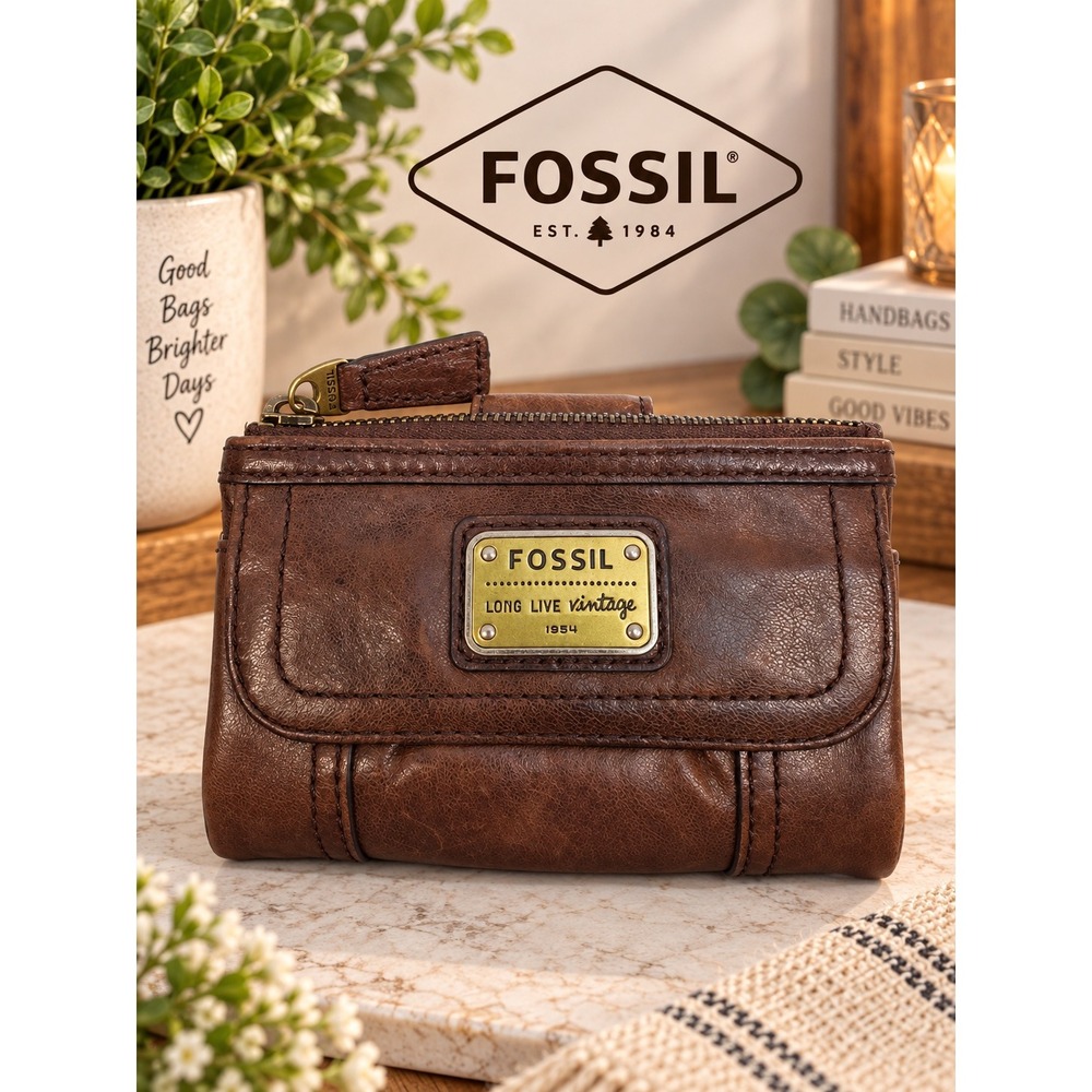 Fossil Long Live Vintage Brown Leather Bifold Wallet Zip Pocket ID Window